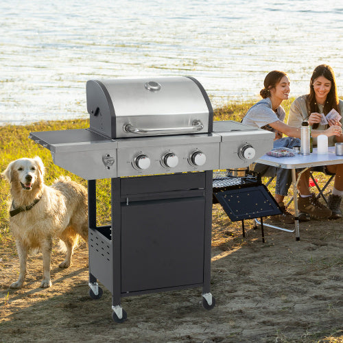 Barbecue a gas in acciaio inox a 3 bruciatori con bruciatore laterale, 37.000 BTU, per cucinare all'aperto, in giardino, in terrazza, nero e argento.