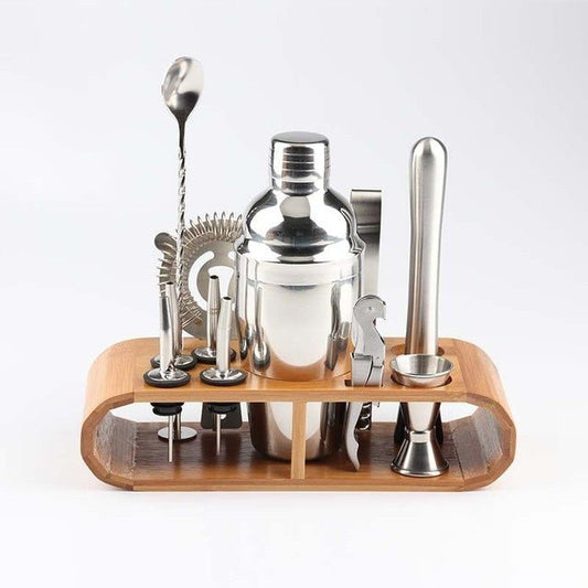 Shaker per cocktail in acciaio inossidabile con supporto in legno per feste in casa e bar