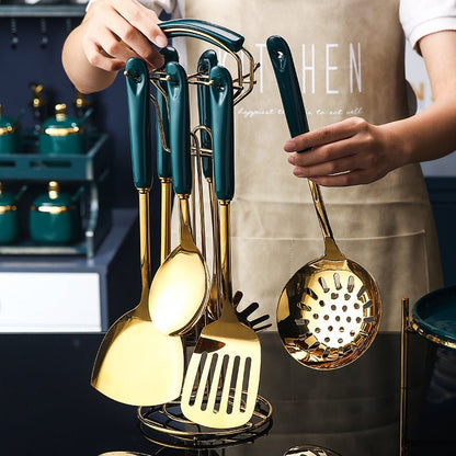Set di utensili da cucina in acciaio inossidabile e silicone, 7 pezzi, spatola forata, mestolo, cucchiaio da portata, set per pasta.