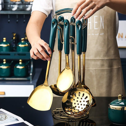 Set di utensili da cucina in acciaio inossidabile e silicone, 7 pezzi, spatola forata, mestolo, cucchiaio da portata, set per pasta.