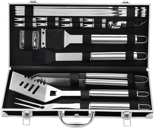 Grilljoy BBQ Accessories Set di utensili per griglia - 22 pezzi di accessori per barbecue in acciaio inossidabile per grigliate all'aperto con custodia in alluminio nero - Regali per grigliate per uomini e papà - Kit di utensili per grigliate