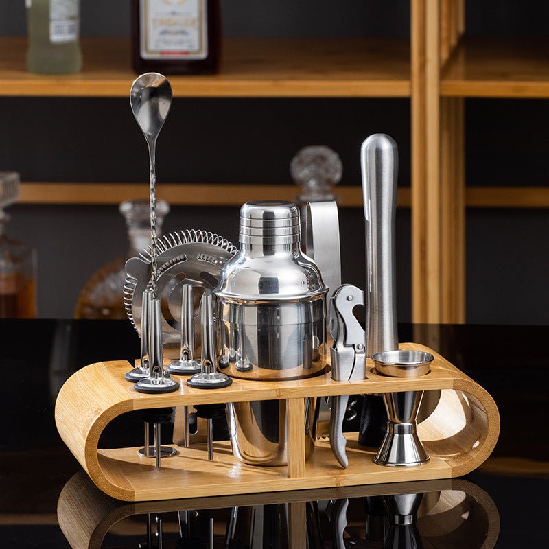 Shaker per cocktail in acciaio inossidabile con supporto in legno per feste in casa e bar