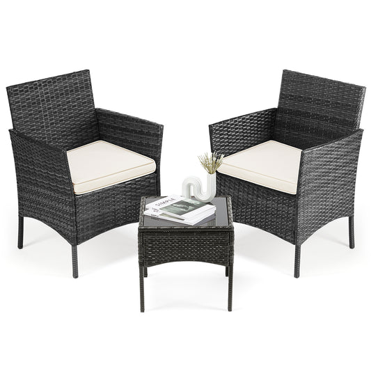Set di mobili da giardino 4 pezzi, mobili da esterno con tavolo in vetro, sedie da giardino in vimini intrecciato e rattan per giardino, terrazza, veranda, prato