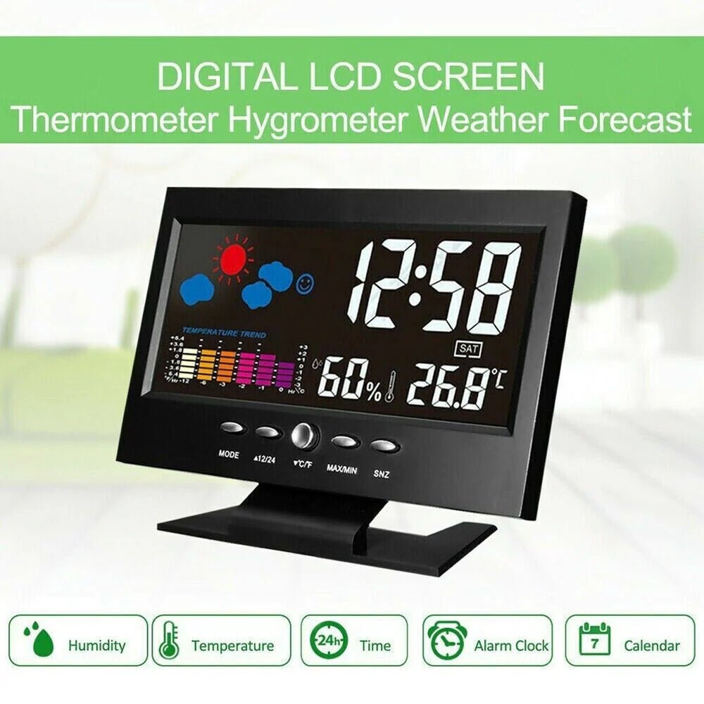 Sveglia digitale moderna con stazione meteo e controllo ambiente