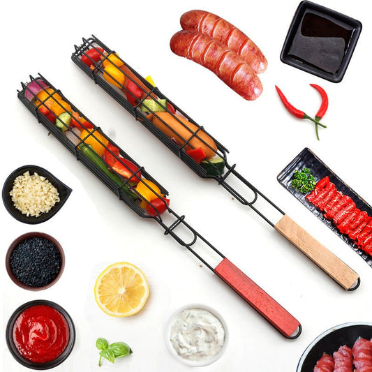 Supporto barbecue manico legno - Rete salsicce BBQ outdoor