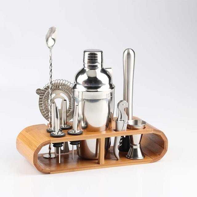 Shaker per cocktail in acciaio inossidabile con supporto in legno per feste in casa e bar