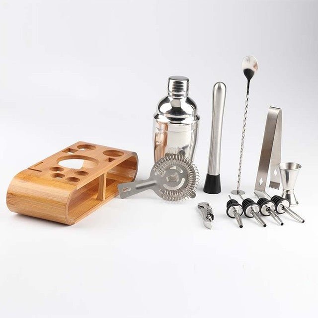 Shaker per cocktail in acciaio inossidabile con supporto in legno per feste in casa e bar