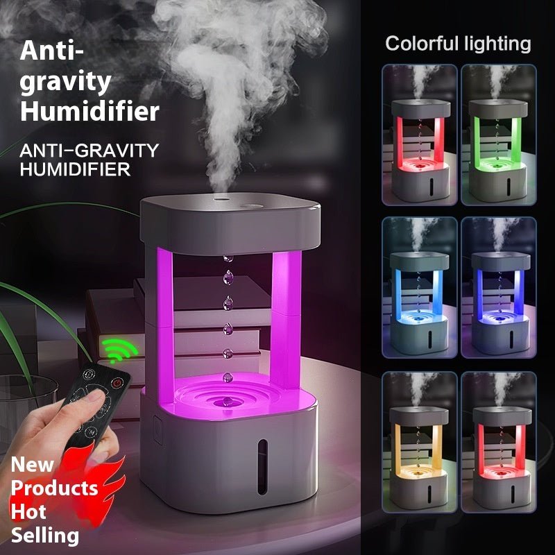 Umidificatore creativo a goccia d'acqua con tecnologia antigravità, vista trasparente del prodotto