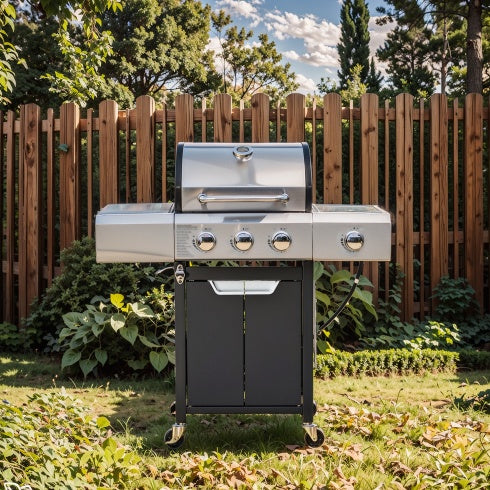 Barbecue a gas in acciaio inox con 3 bruciatori, per barbecue all'aperto e da campeggio.