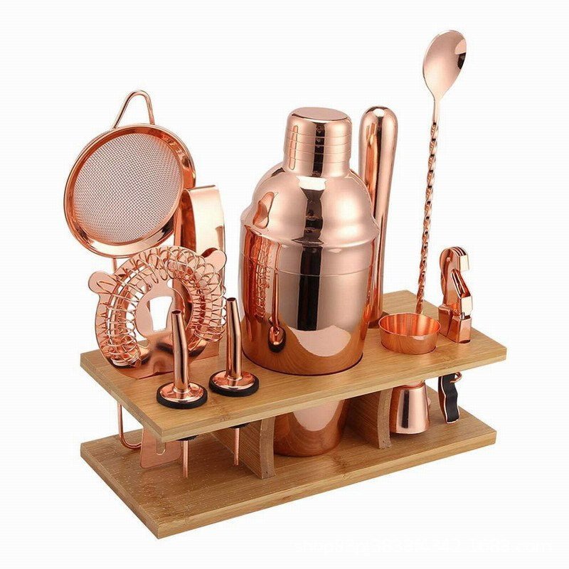 Shaker per cocktail in acciaio inossidabile con supporto in legno per feste in casa e bar