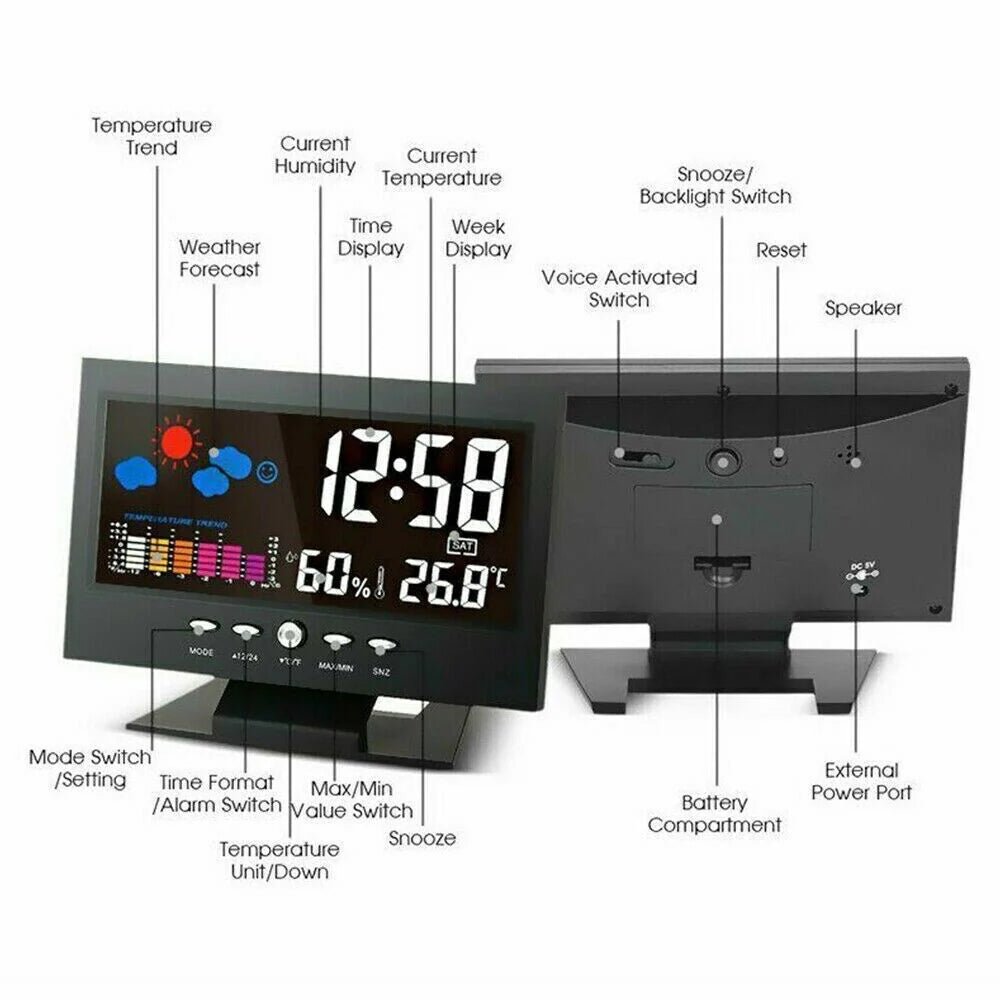 Display LED sveglia digitale che mostra ora, data, temperatura e umidità