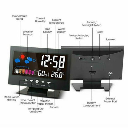 Display LED sveglia digitale che mostra ora, data, temperatura e umidità
