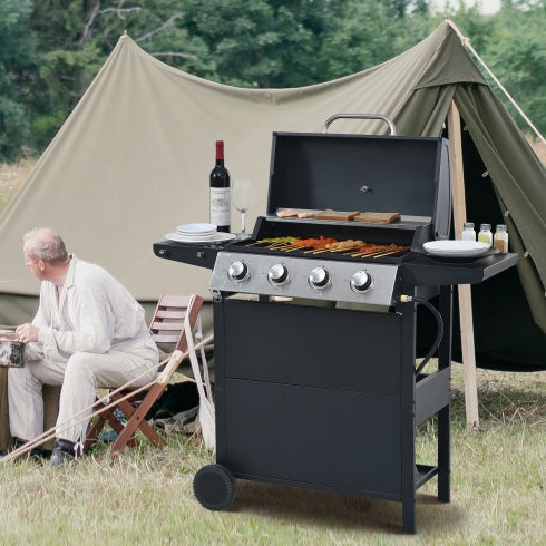 Barbecue a gas propano a 4 bruciatori, in acciaio inox, 34.000 BTU, per patio e giardino, con due ripiani, coperchio, ruote e apribottiglie.