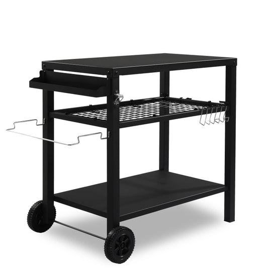 Carrello per barbecue mobile in ferro completamente nero con cestino in rete
