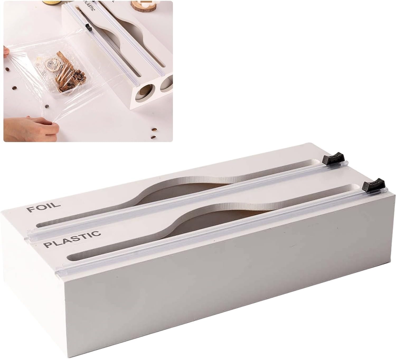 Organizzatore 3 in 1 bambù - dispenser pellicola cucina con taglierino