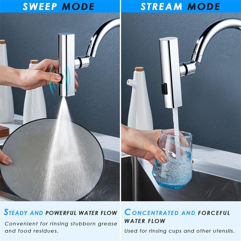 Dettaglio ugello rubinetto cucina multifunzione con effetto cascata