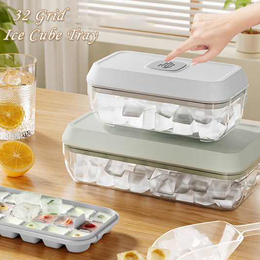 Stampo per cubetti di ghiaccio in silicone a 32 griglie con coperchio, contenitore per paletta, rimovibile con un clic, creatore di ghiaccio fai da te, utensili per cocktail e whisky, gadget da cucina estiva