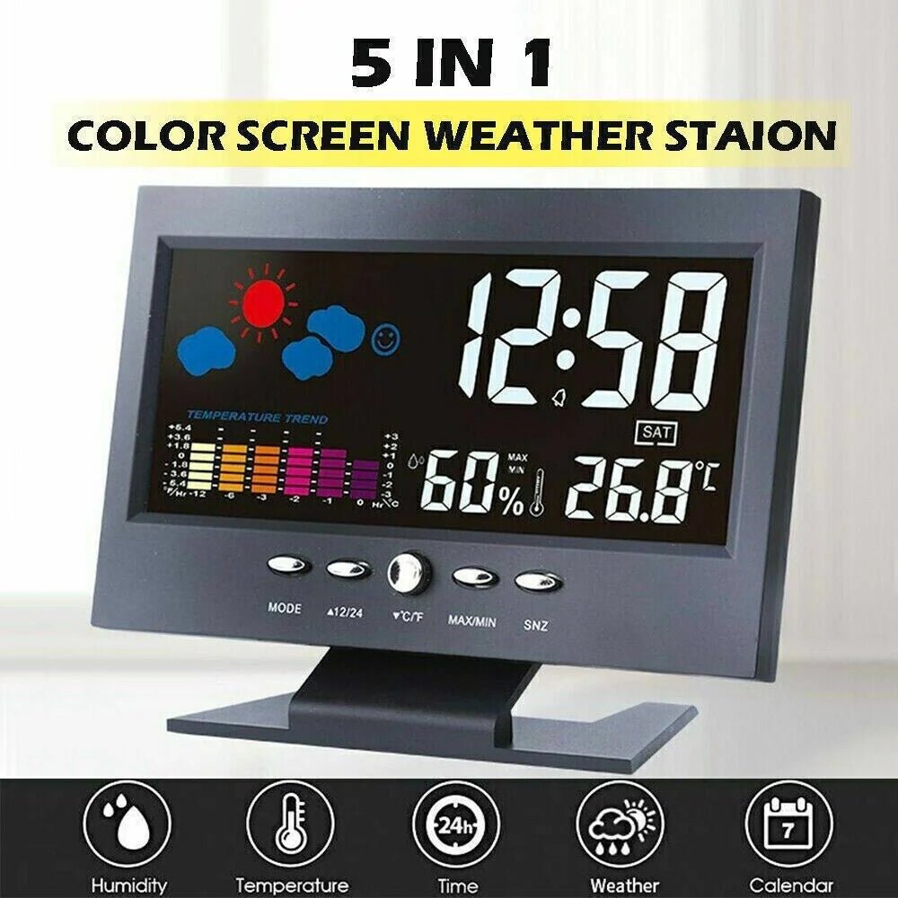 Sveglia LED con calendario perpetuo e stazione meteo domestica