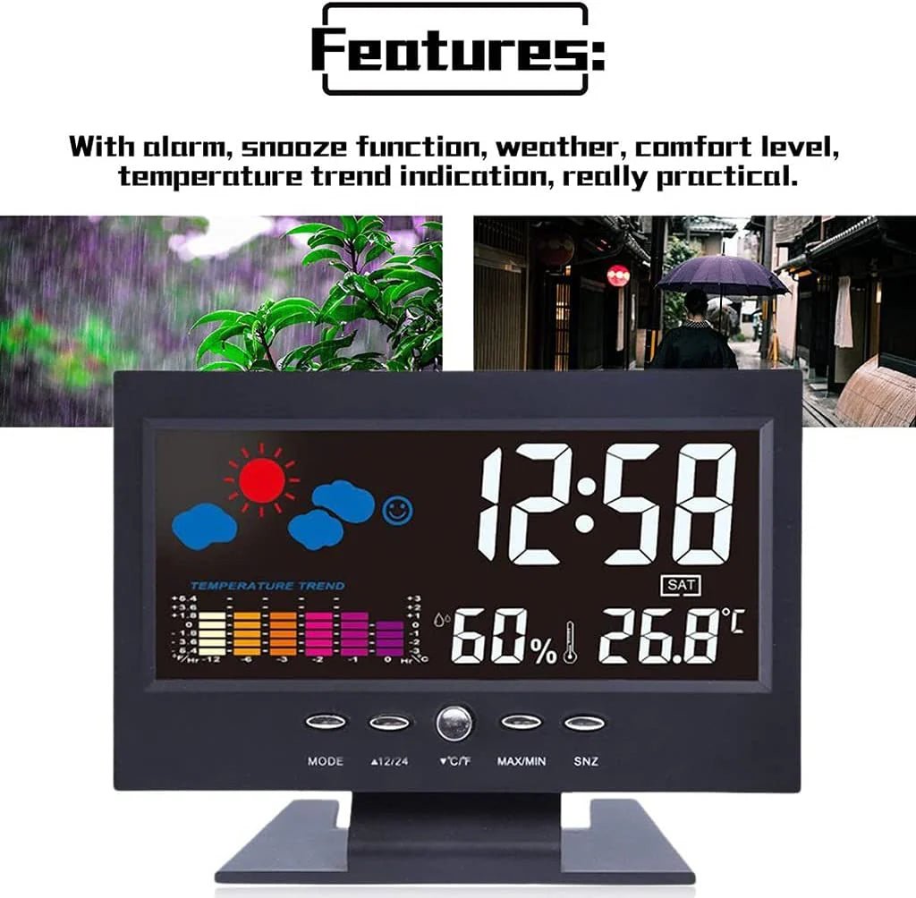 Sveglia digitale LED con funzione snooze, calendario, termometro, igrometro e display meteo